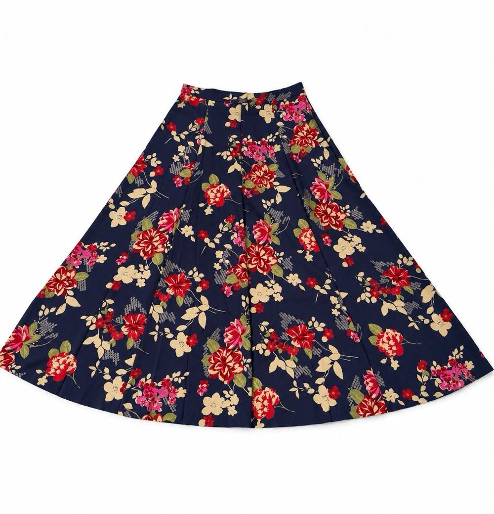 Koret Women’s Small Navy Floral Pleated Midi Skirt High Waist Vintage Style